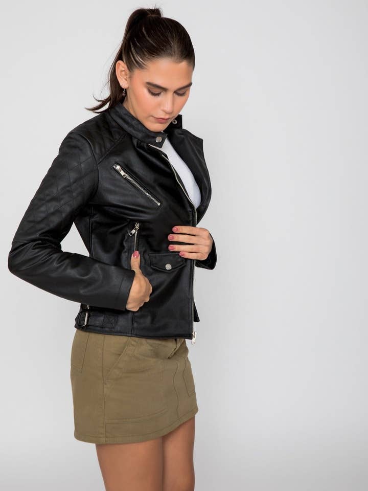 Svart Dam Scarlett Biker PU Faux Skinnjacka för wholesale på Faire