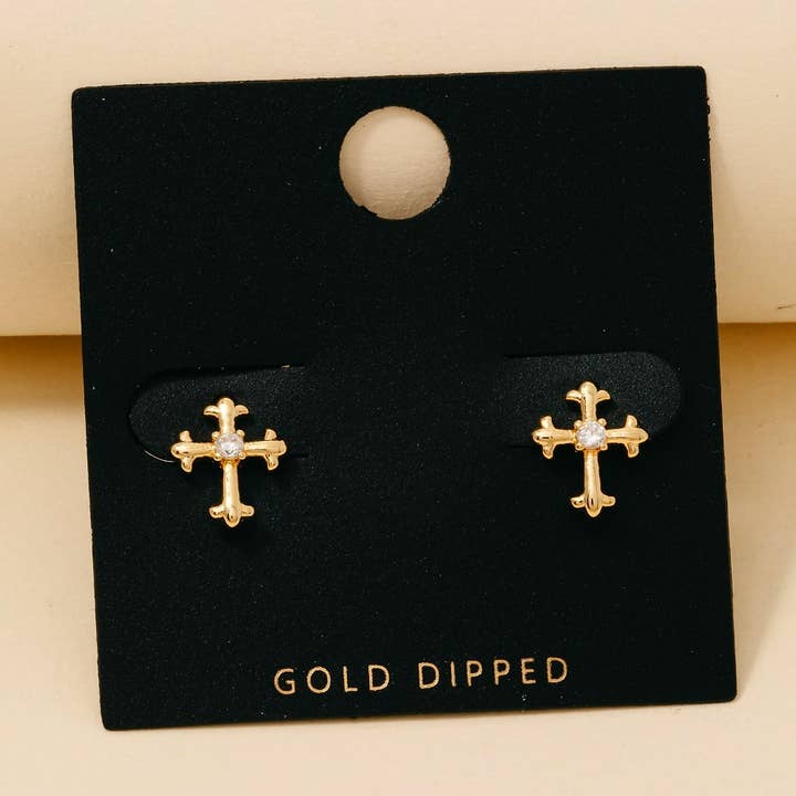 Gold Dipped Cz Stud Gothic Cross Stud Earrings for wholesale on Faire
