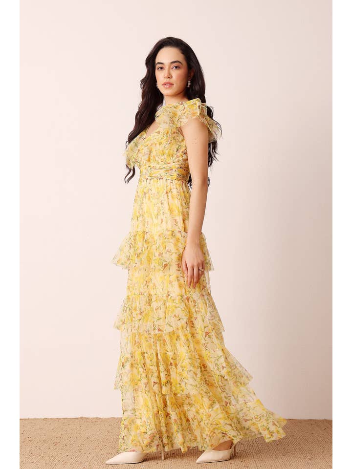 Olympia Maxi Dress in Yellow Floral for wholesale on Faire4