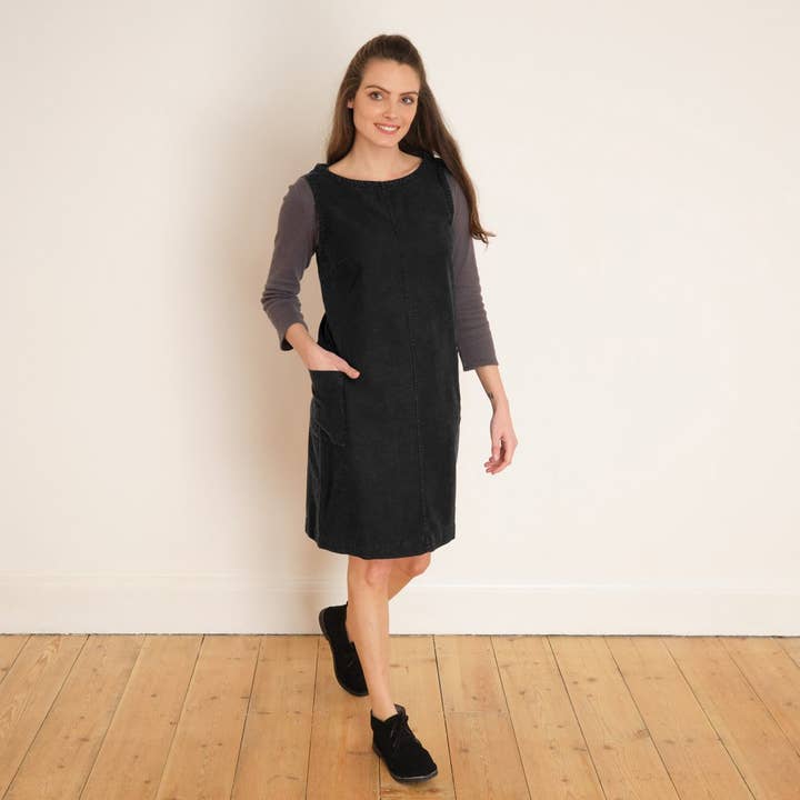 Eva Black Denim Pinafore Dress for wholesale on Faire