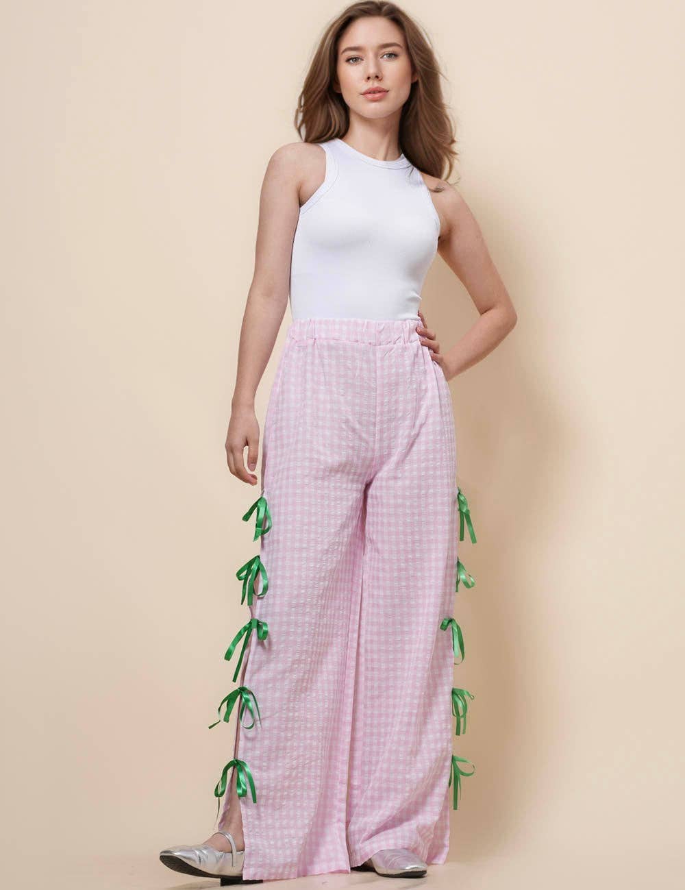 Sweetkama – Großhandel Hose – Damen – Damen Karierte Hose mit Seitenschlitz und Schleife SKP4109411