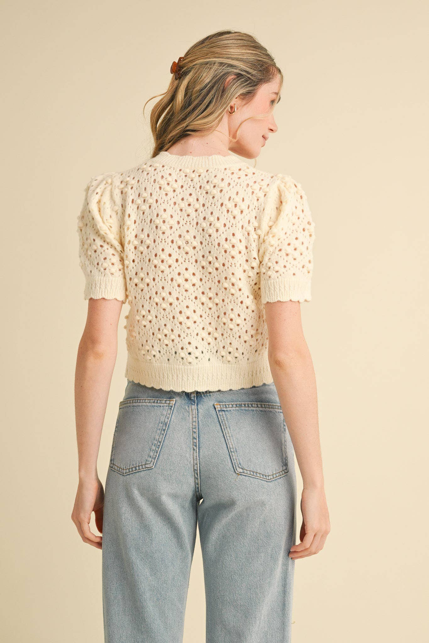 &MERCI - Wholesale Cardigan - Women's - CROPPED POINTELLE BUTTON DOWN SWEATER CARDIGAN MSW1085712