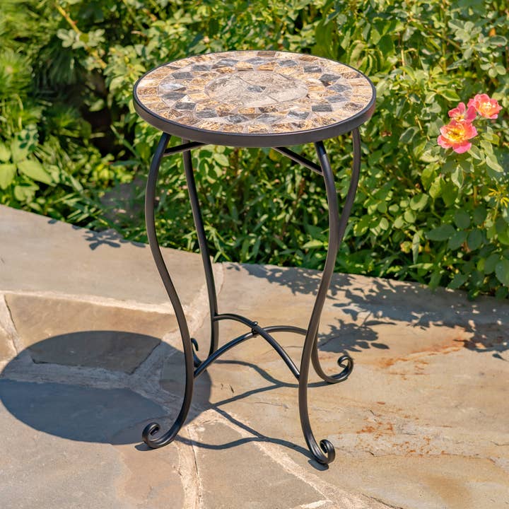 Zaer Ltd. International - Wholesale Plant Pot Stand - "St. Augustine" 22"T Mosaic Pedestal Plant Stand-Stone/Brown