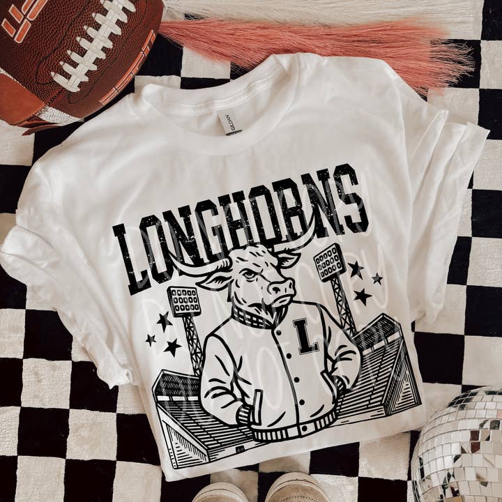 Longhorns Letterman Mascot DTF Transfer | Trendy School Spirit DTF Transfer | High Quality Image Transfers | Ready to Press | Instant Peel for wholesale by Red Dirt Transfers