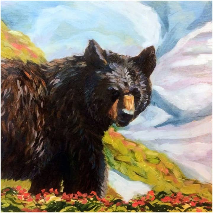 Impression artistique de l'Alaska avec un ours noir au bord du glacier, image 8x8 pour la vente par Alaska Paintings