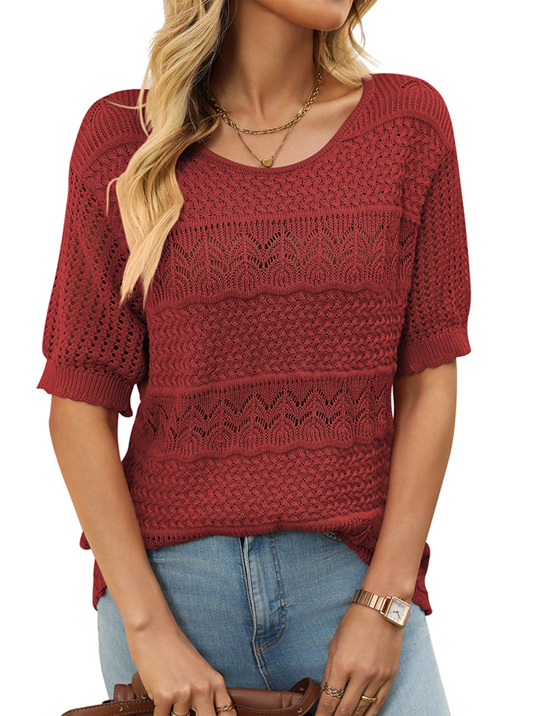 Wholesalesir - Wholesale Knit Top - Women's - Round Neck Hollowed Out Short Sleeved Top0