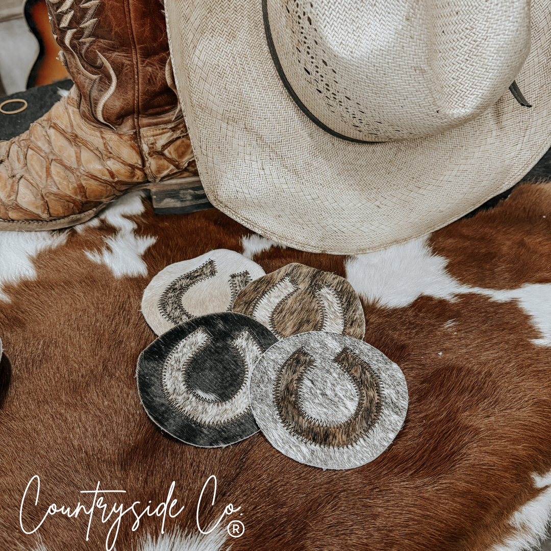 Texas Western Cowhide Bags and More - Wholesale Coasters - Horseshoe Cowhide Coaster Set3