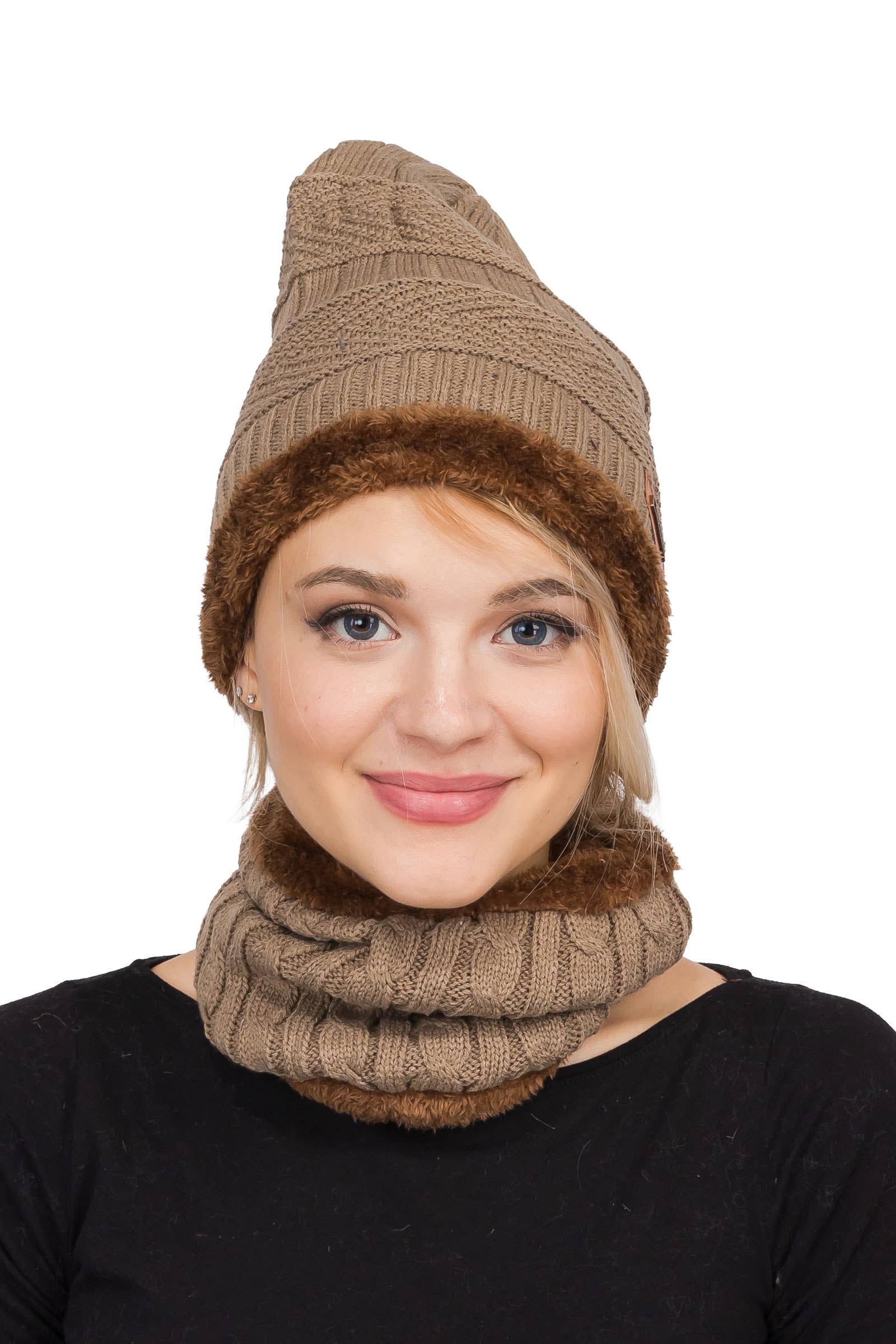 ASSORTED Earth Tone Cable Knitted Fur Beanie Scarf for wholesale on Faire10