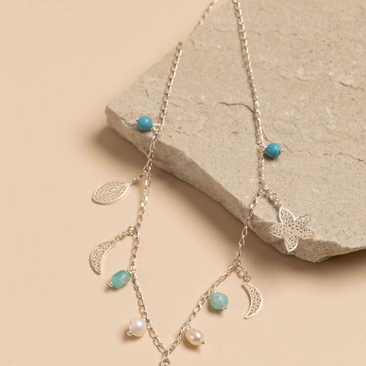 Lunara Charm Filigree Turquoise Necklace for wholesale by Alejandra Collective