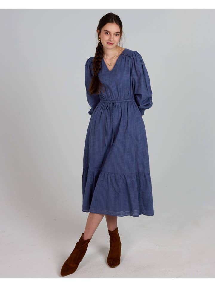 Cassidy Long Sleeve V-Neck Midi-Length Indigo Dress for wholesale on Faire