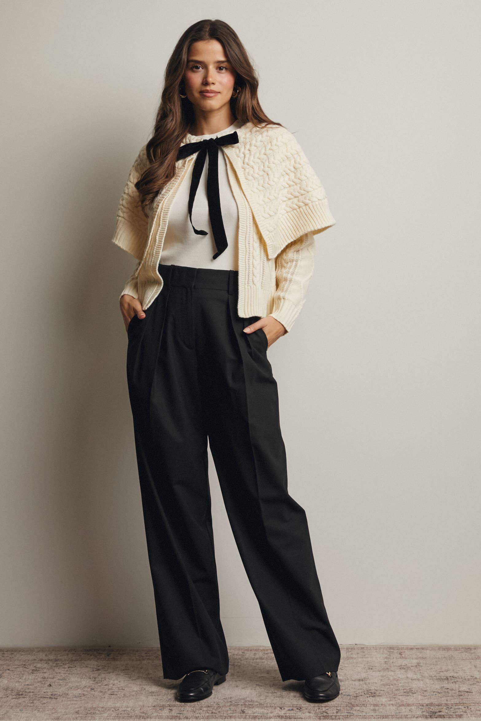 Forte – wholesale Cardigan – Women’s – Cable Knit Capelet Cardigan with Velvet Bow FSW0017 35