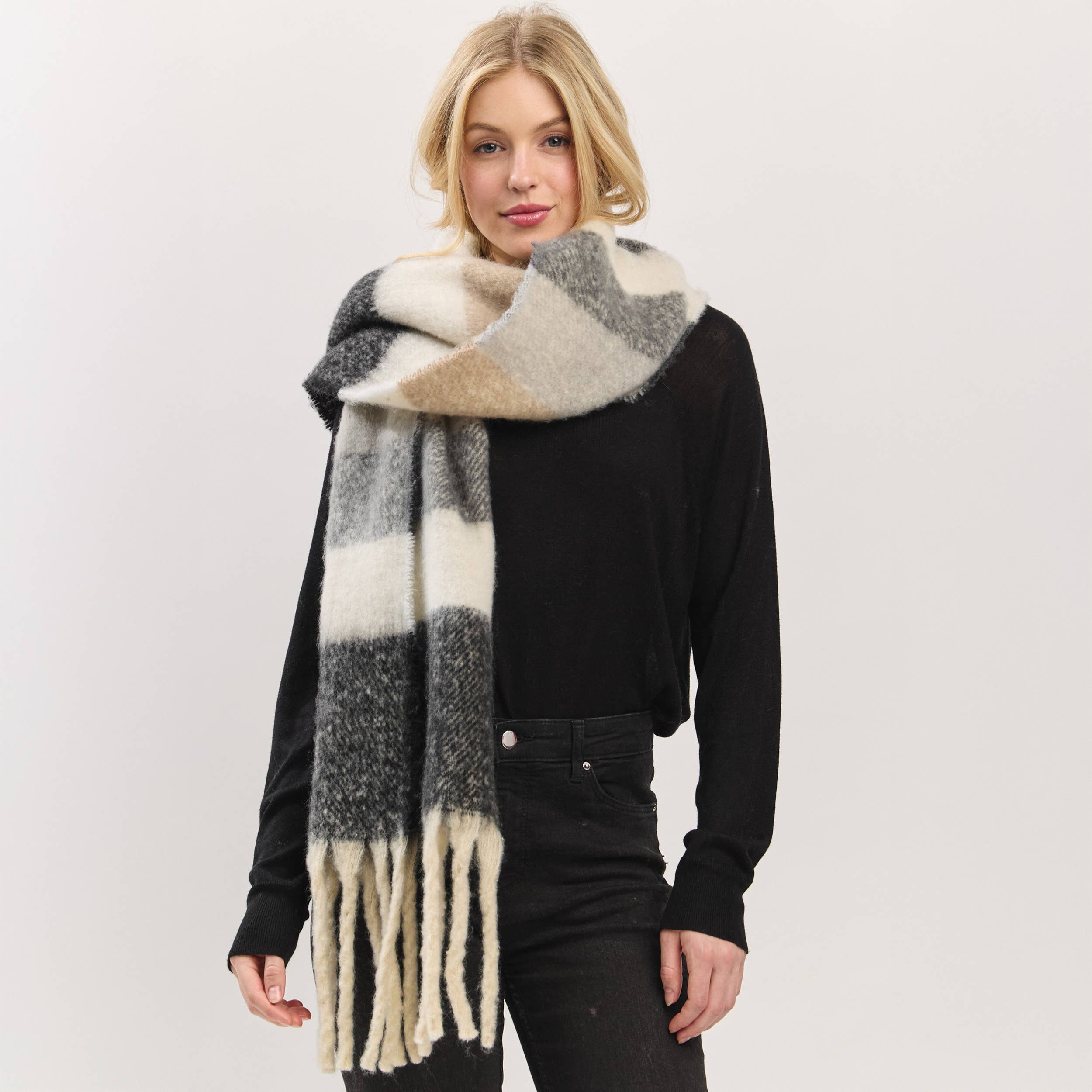 Hana - Wholesale Scarf - Women's - Multi Color Striped Brushed Fringed Winter Scarf6