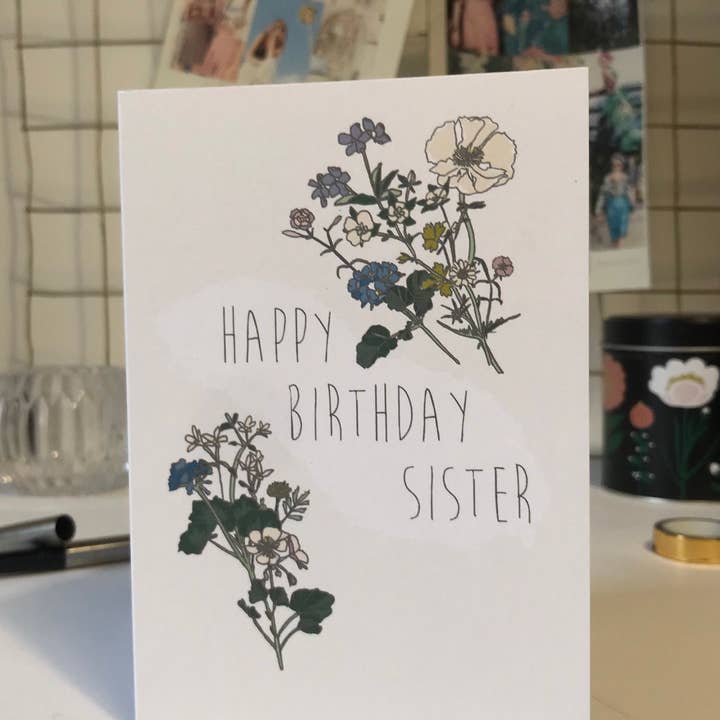 Lise Marie prints – Engroshandel Fødselsdagskort – Tillykke med fødselsdagen Søster, Simple Botanisk Flower Lykøn