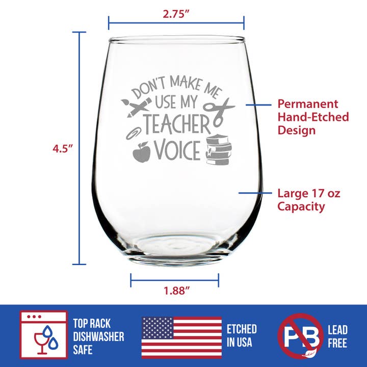 bevvee - Wholesale Wine Glass - Teacher Voice - Stemless Wine Glass - Funny Teacher Gifts