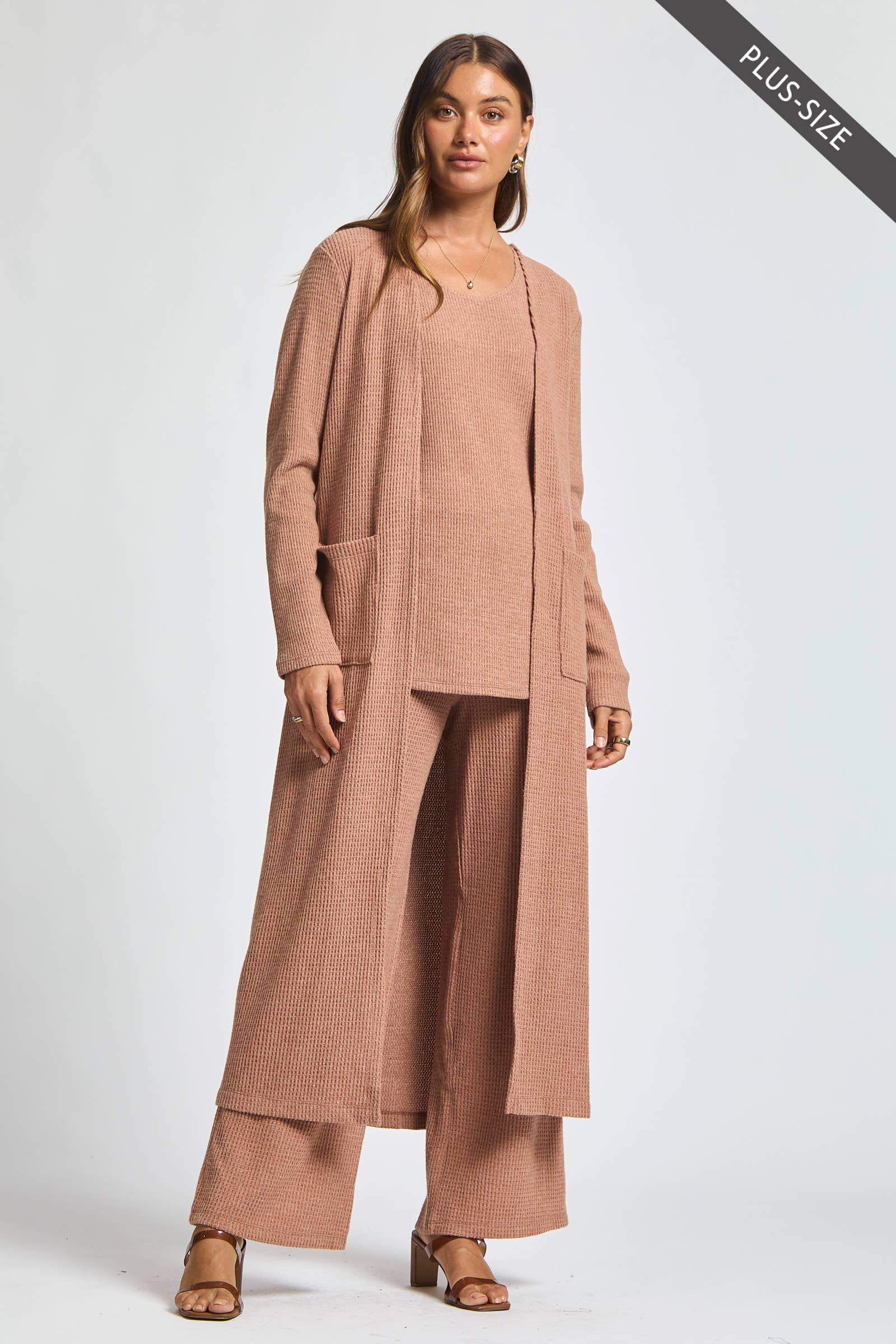 Dear Scarlett - Wholesale Lounge Set - Women's - PLUS SIZE Thermal Sleeveless Tank + Cardigan + Relaxed Pants5