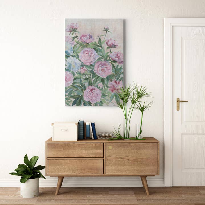 No. 398, Pink peonies chinoiserie floral canvas wrap for wholesale by Elizabeth Alice Studio