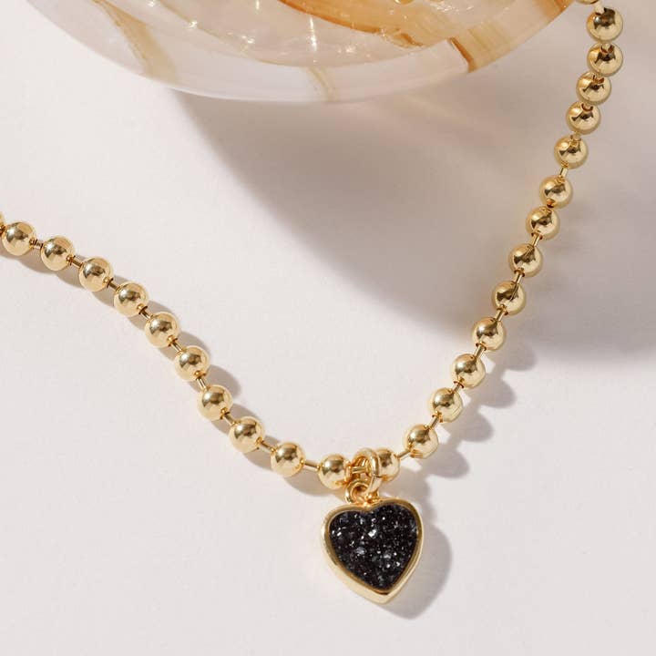 Luna Norte - Wholesale Pendant/Charm Necklace - Heart's Accelerated Ball Chain Necklace Gold - Black Druzy