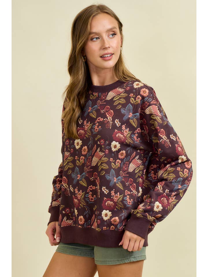 Doe and Rae - Wholesale Sweatshirt - Women's - FLORAL PRINT DROP SHOULDER PULL-OVER TOP - 45256T7