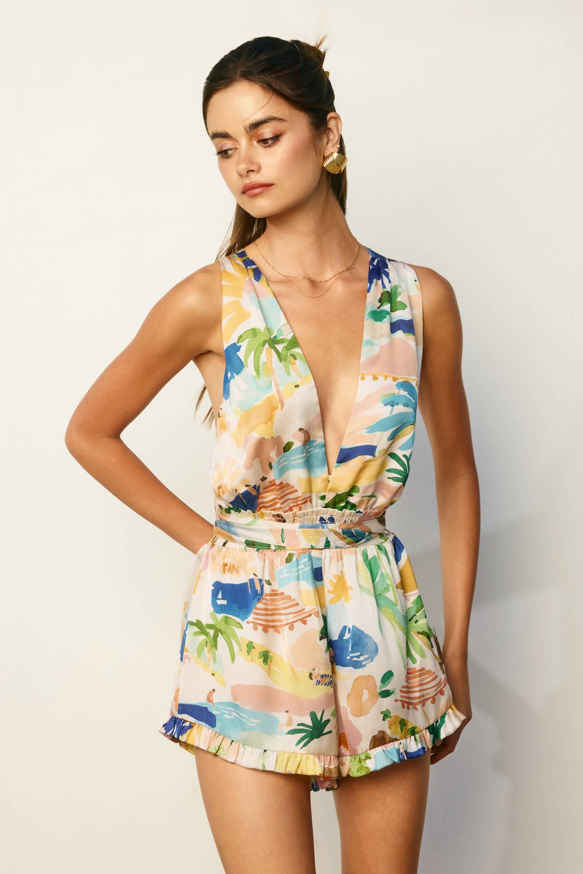 RESORT ISLE Isla Bonita Extended Halter Strap Ruffled Romper (1) for wholesale on Faire6