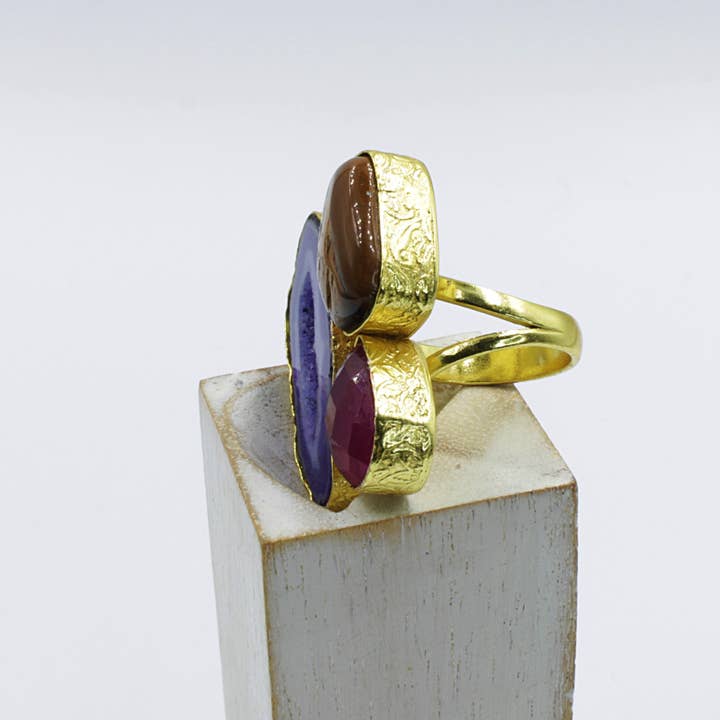 LA MAR - Wholesale Multi-Stone Ring - 3 semi-precious stone ring - gold-plated1