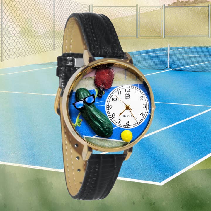 Pickleball 3D-Uhr | Gold- oder Silberoberfläche | schwarzes Band für den Großhandel von Whimsical Gifts