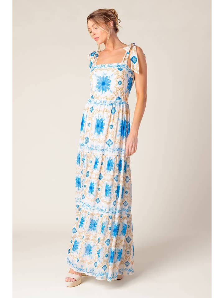 A printed woven maxi dress - ID22141 IVORY BLUE for wholesale on Faire