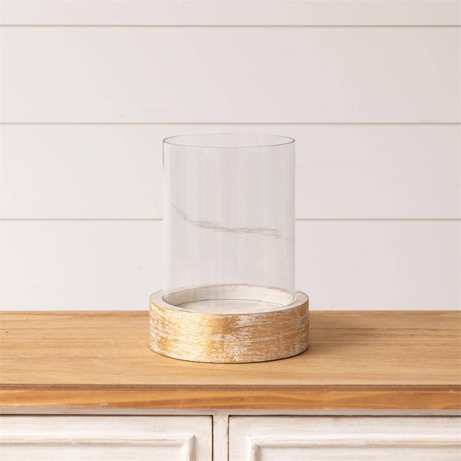 Audrey's Home & Gift - Wholesale Candle Holder - Whitewashed Wood Base with Glass Cylinder (PC)1