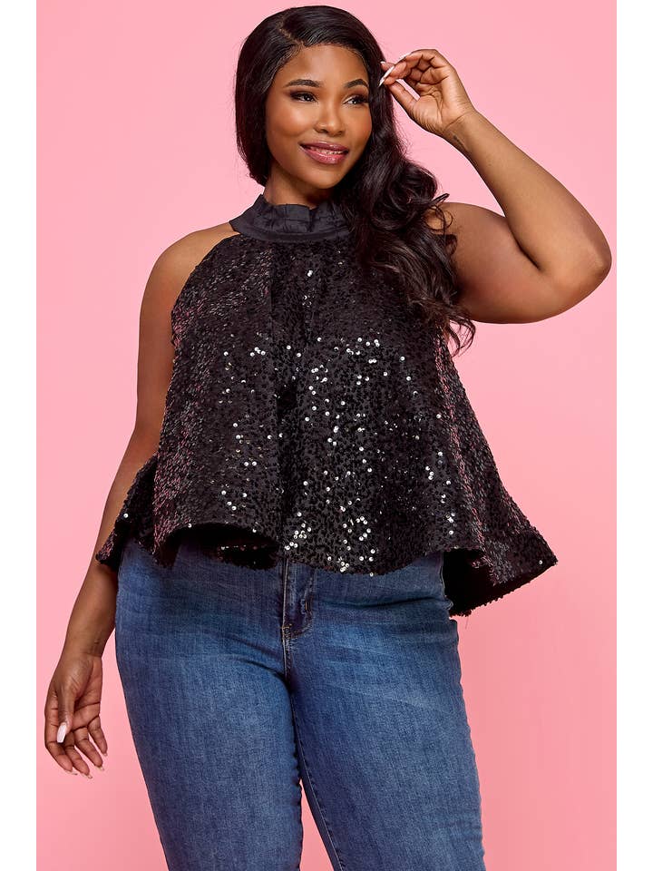Namatt Design – wholesale Blus - Dam – Plus paljett halterneck ärmlös utsvängd blus topp