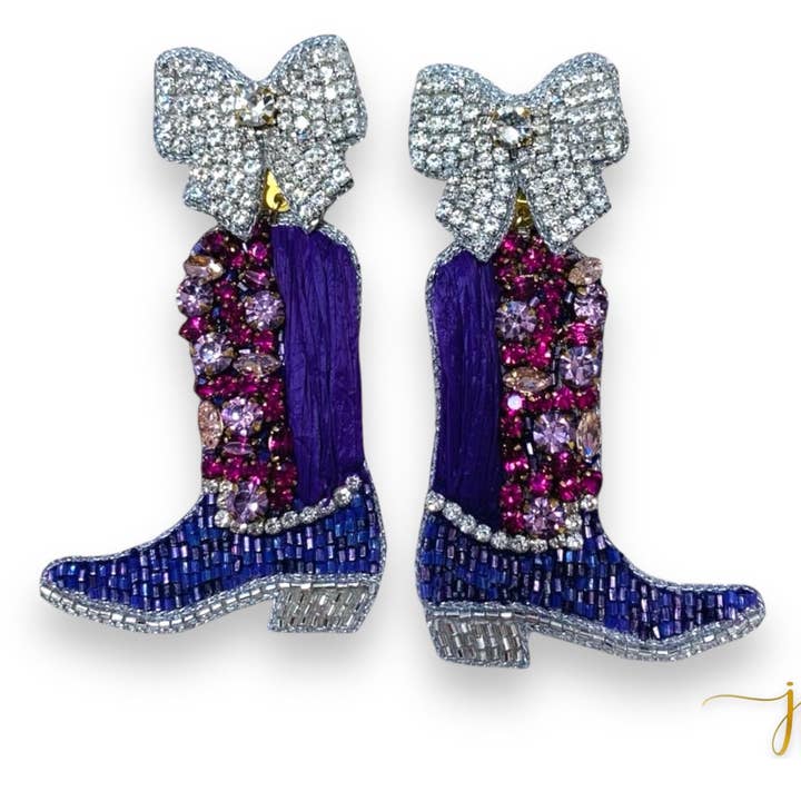 Purple Rhinestone Cowboy Boot Earrings Bows for Game Day for wholesale by Jenny Patrick Designs ™