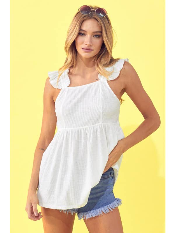 Off White Rib Knit Babydoll Top, Ruffled Strap, Button Back - 40075T for wholesale on Faire