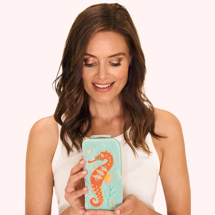 Blue Velvet Sunglasses Pouch - Sparkling Seahorse - Aqua for wholesale on Faire1