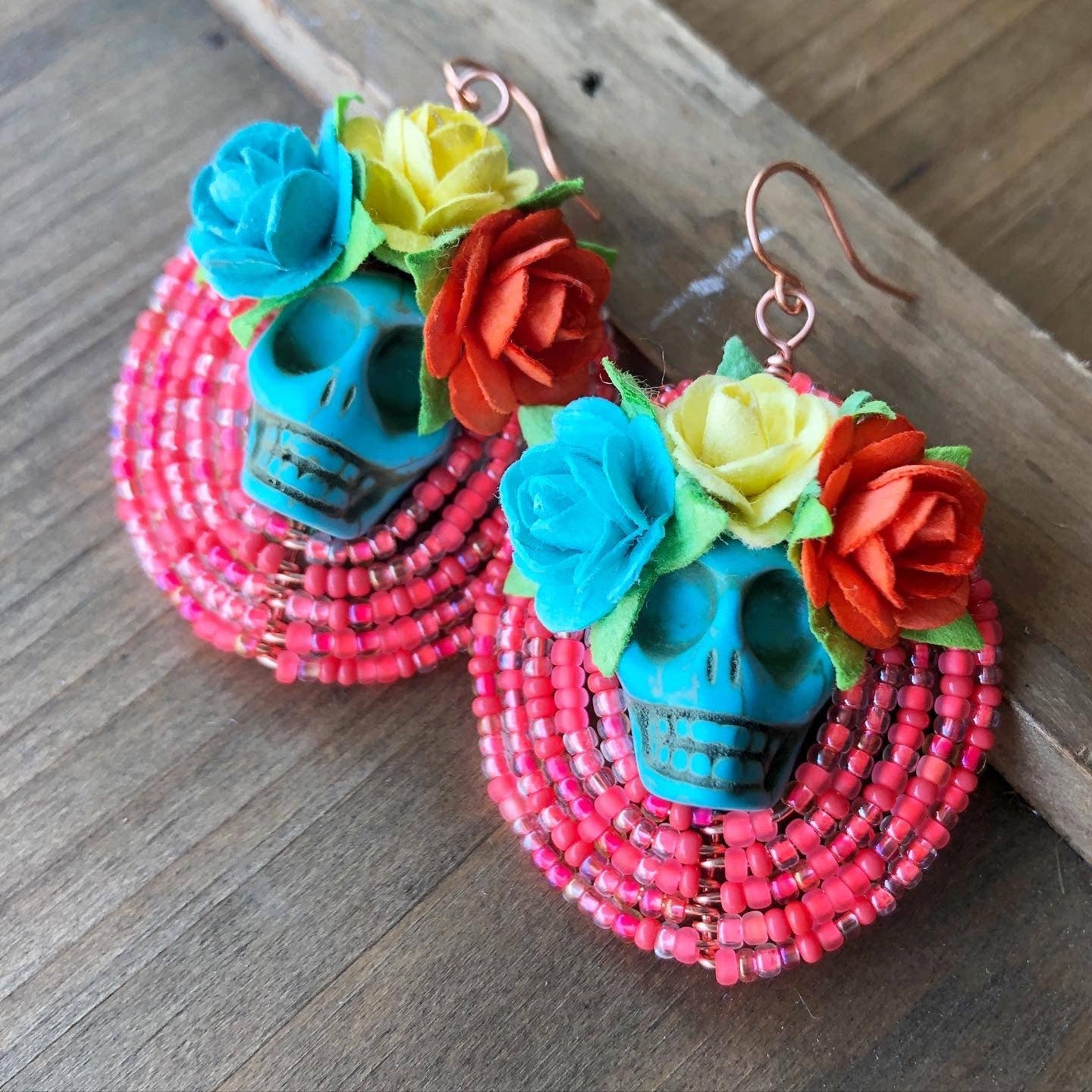 MorninGloria's - Wholesale Dangle Earrings - Dia De Los Muertos Frida Kahlo Flor Calavera Beaded Earrings8