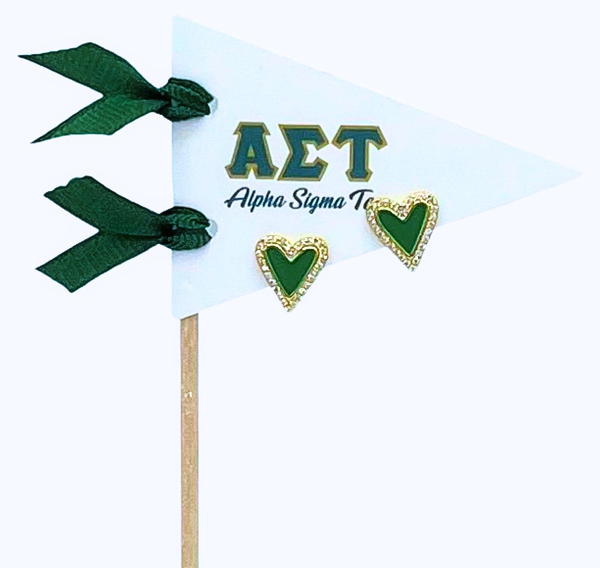 Color Shout – wholesale Stud/post earrings – E205-Love my Sorority: Bright Color Heart Studs on Greek Letter Pennant Flag7
