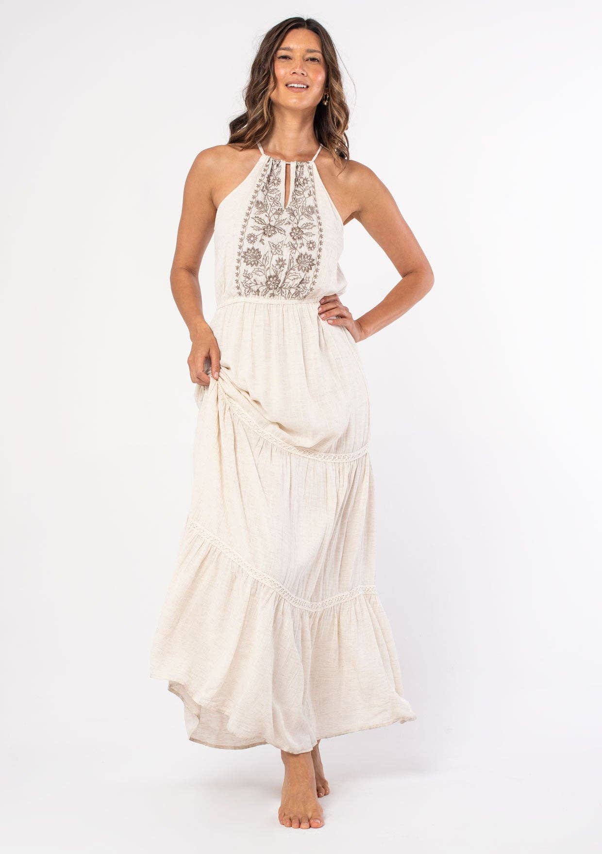 Lovestitch - Wholesale Dress - Women's - Linen Blend Embroidered Halter Tiered Maxi Dress1