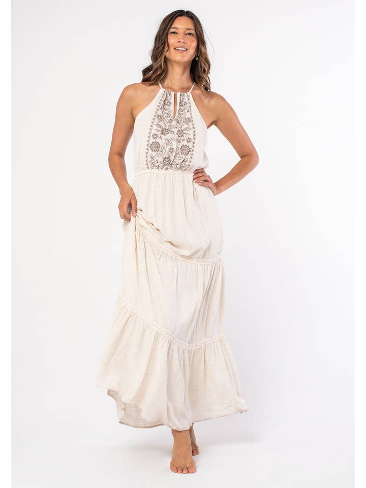 Lovestitch - Wholesale Dress - Women's - Linen Blend Embroidered Halter Tiered Maxi Dress1