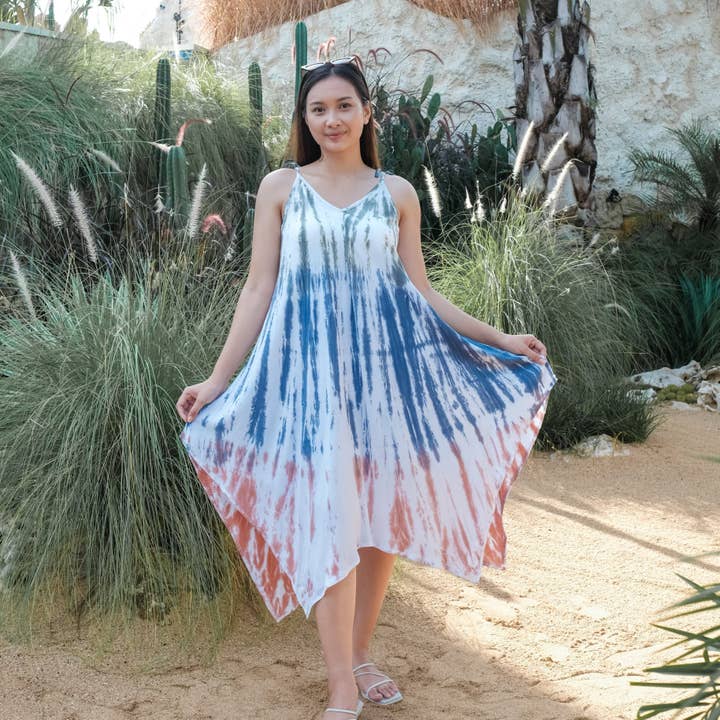 Suzie Blue Canada - Wholesale Dress - Women's - Bone Tie Dye Handkerchief Dress - Olive, Denim & Peach