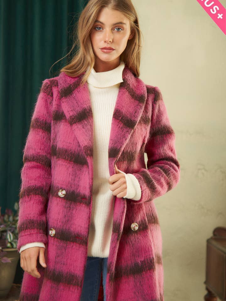 Hot Pink PLUS FUZZY PLAID DOUBLE BREASTED JACKET for wholesale on Faire
