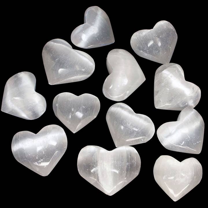 Crystal River Gems LLC - Wholesale Spiritual Stone/Crystal - SET OF 8 - Tiny Selenite Pocket Hearts / 20-40 MM AVG1