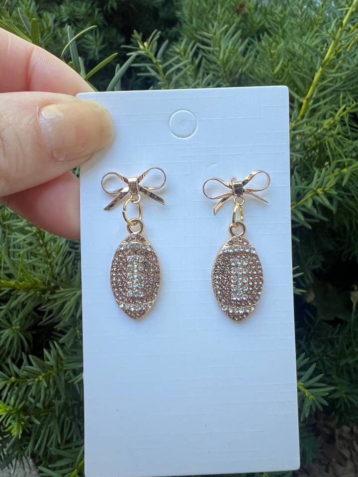 Rhinestone Football Bow Earrings Game Day for wholesale by Baubles by B