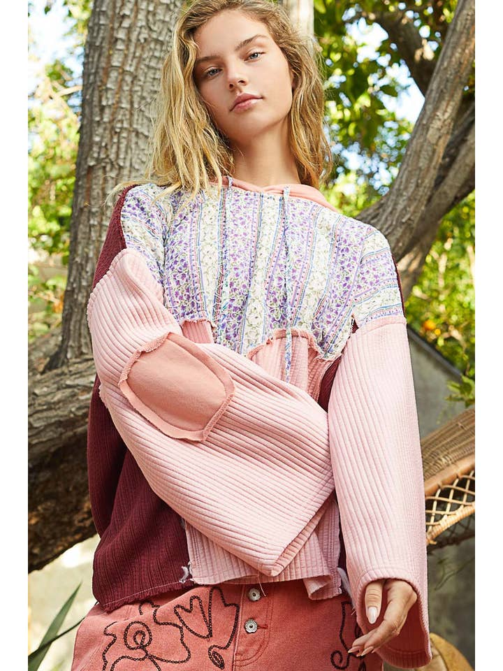 Pol Clothing - Wholesale Hoodie - Women's - Floral print contrast long sleeve french terry top SALE