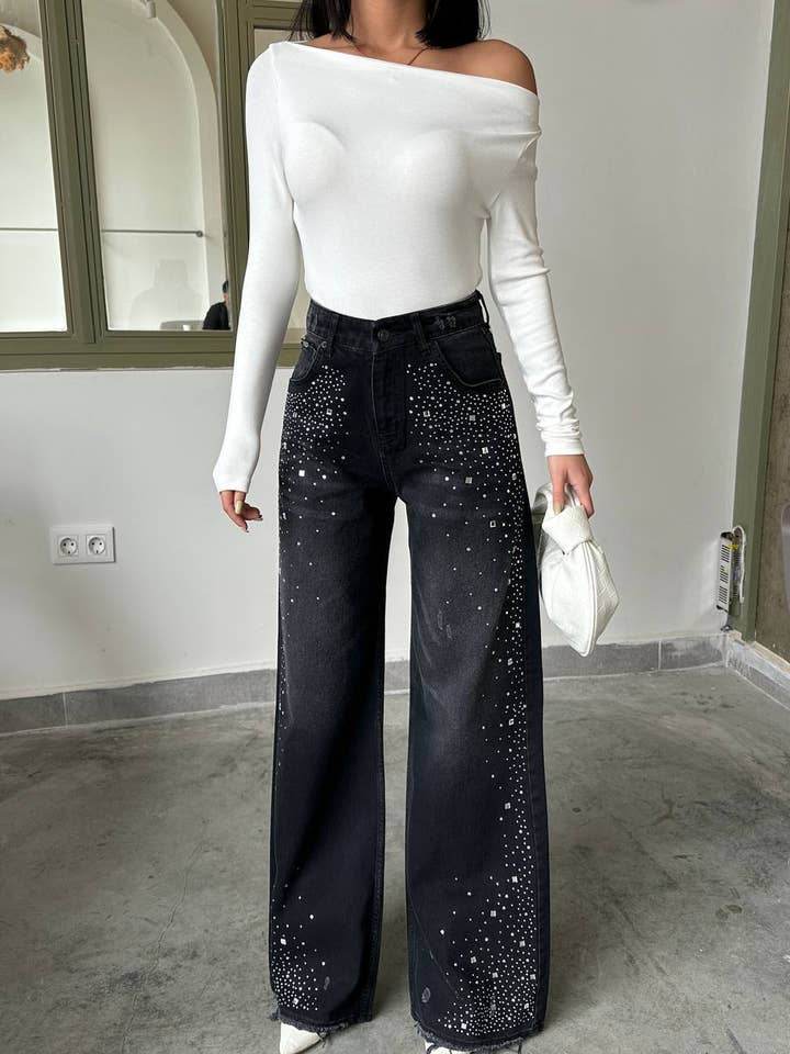 Kvinders Rhinestone palazzo Høj Talje Glitrende Sorte Jeans for engroshandel hos Shebelle