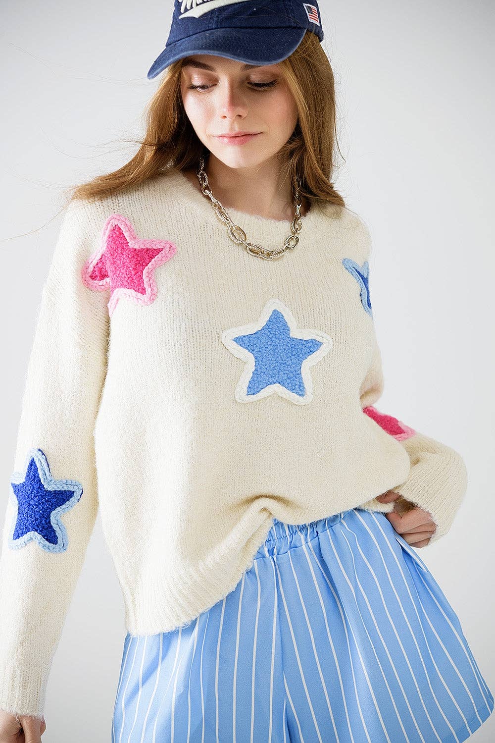 White Cream Sweater With Embroidered Stars for wholesale on Faire4