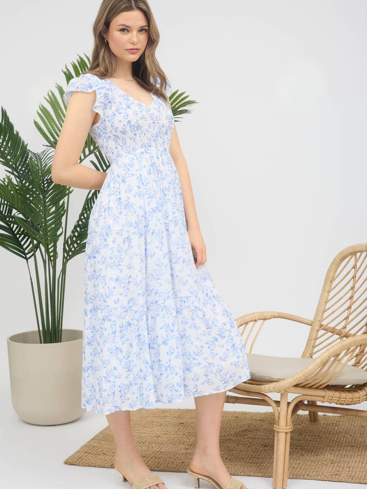 Blu Pepper - Wholesale Dress - Women's - FLORAL V NECK SMOCKED SHORT SLEEVE MIDI DRESS