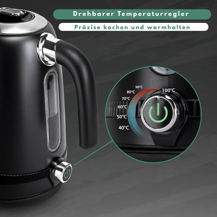 Biomatea - Wholesale Kitchen Appliance - Stainless Steel Retro Kettle Vintage Design in Black with LCD Digital Display, 1.7 Liters4