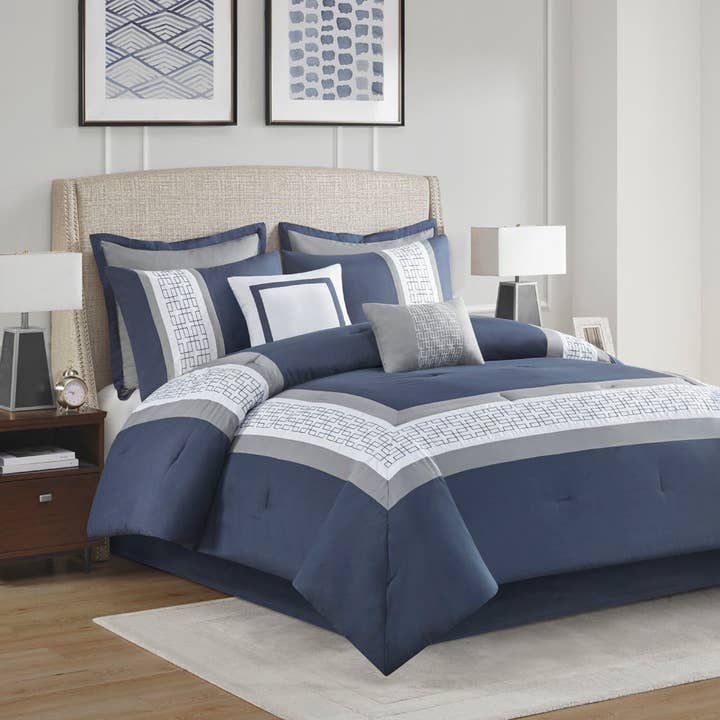 8 Piece Embroidered Comforter Set, Navy for wholesale by Olliix