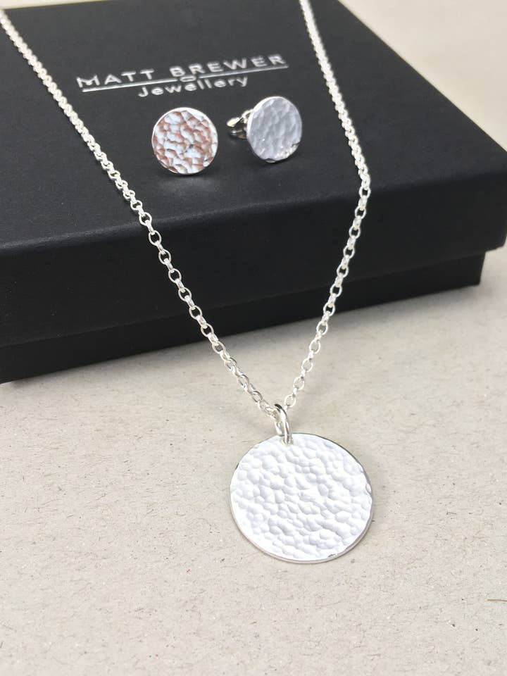 Recycled Hammered Sterling Silver Necklace and Earring Set for wholesale by Matt Brewer Jewellery