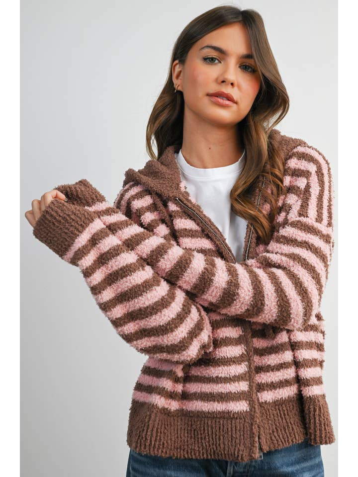 BUTTERMELON - Wholesale Knit Sweater - Women's - Striped Zip-Up Hooded Cardigan - BMC80979