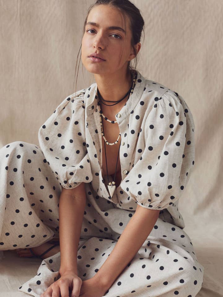 Bubble Linen Shirt - Natural and Black Polka Dots for wholesale by Lanhtropy