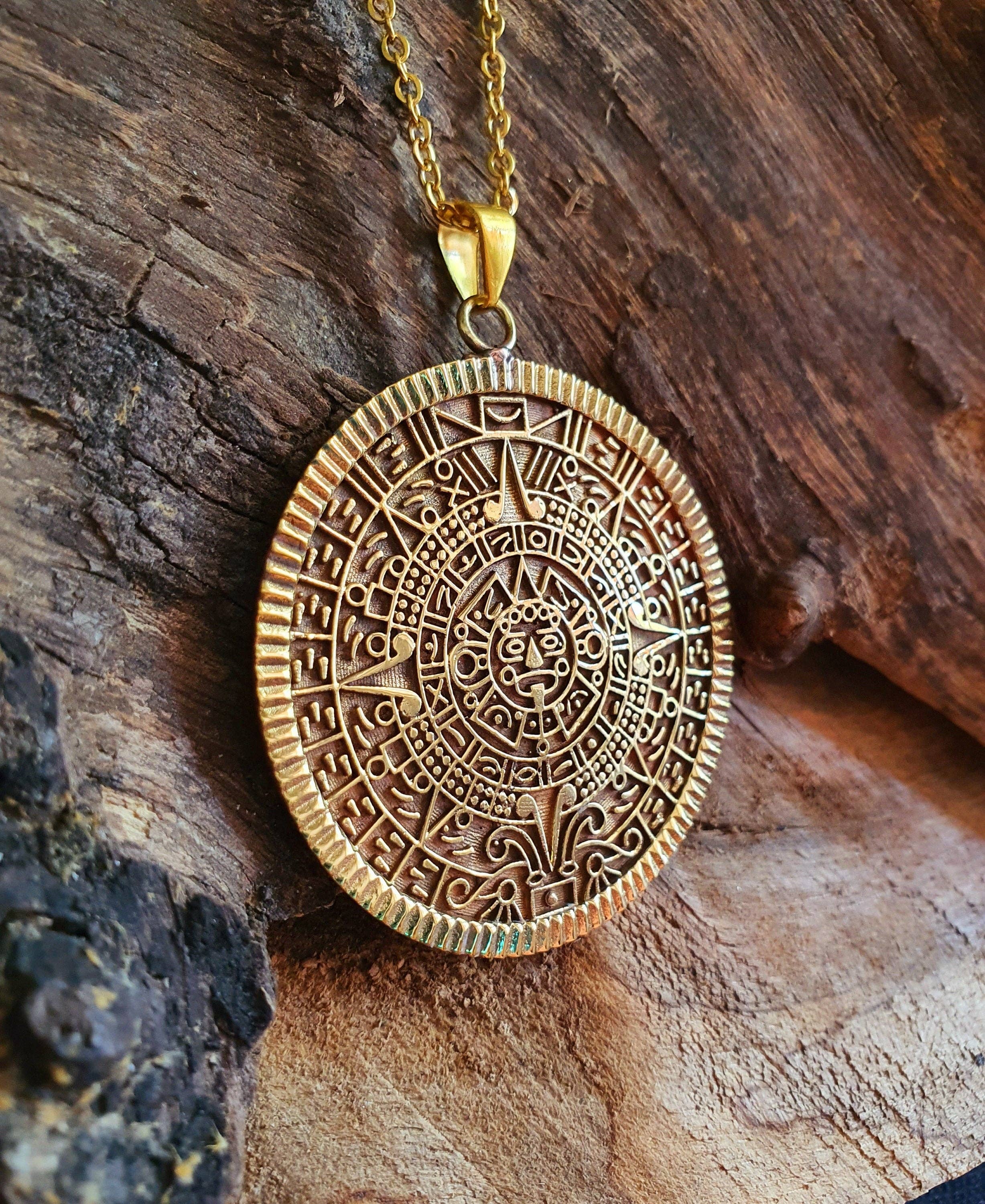 Kaali Boutique – wholesale Pendant/charm necklace – Gold Sacred Mayan Calendar Necklace / Hypoallergenic / Brass / Boho / Aztec / Inca / Ethnic / Hypoallergenic / Third Eye / Illuminati2