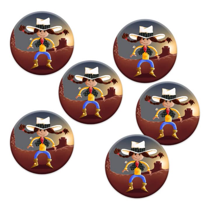 Set of 6 badges inspired by Calamity children's birthday for wholesale by TickyTacky